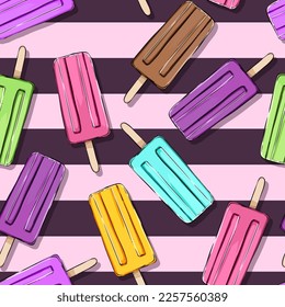 Seamless vector pattern. Ice cream on a stick, ice cream. Sweets, snacks, dessert