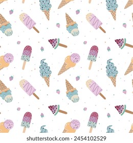 Seamless vector pattern with ice cream, child style. Can be used for printing on fabric, packaging, paper, cards, etc.  Summer pattern 2024