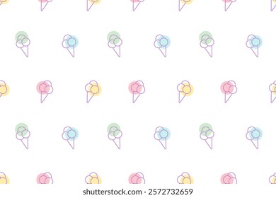 Seamless vector pattern with ice cream cones. Vanilla, pistachio and chocolate icecream line icons. Ice cream doodle illustration background. Assorted Ice Cream for print, textile, add, covers, banner