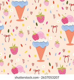 Seamless vector pattern with ice cream cone, strawberry, confetti, and bow. Pastel color cute girly summer background.