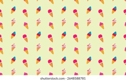 Seamless vector pattern of ice cream in a waffle cone on a yellow background.