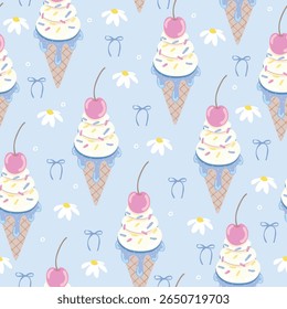 Seamless vector pattern with ice cream cones, bows, daisies, flowers, and cherries on a pastel blue background. Sweet, playful design.