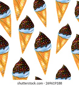 Seamless vector pattern with ice cream in a waffle cone