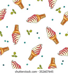 Seamless vector pattern of ice cream in a waffle cup on a white background.