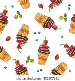 Seamless vector pattern of ice cream in a waffle cup on a white background.