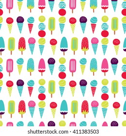 Seamless vector pattern: ice cream theme design. Creative Hand Drawn texture. Blue, red, green, purple. Vector illustration.