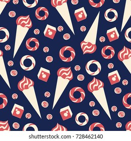 Seamless vector pattern, ice cream, bagel, baklava, candy cartoon illustration isolated on blue background, turkish delight, food ingredients for cooking, restaurant menu, wallpaper, package design