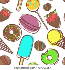 The seamless vector pattern of ice cream donuts and strawberry