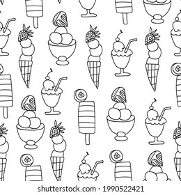 Seamless vector pattern with ice cream.Food print on black line white isolated hand drawn background.Designs for textiles,coloring books,packaging,wedding invitations,scrapbooking,wrapping paper.