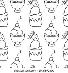 Seamless vector pattern with ice cream.Food print on black line white isolated hand drawn background.Designs for textiles,coloring books,packaging,wedding invitations,scrapbooking,wrapping paper.