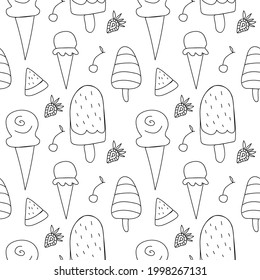 Seamless vector pattern with ice cream.Food print on black line white isolated hand drawn background.Designs for textiles,coloring books,packaging,wedding invitations,scrapbooking,wrapping paper.