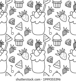 Seamless vector pattern with ice cream.Food print on black line white isolated hand drawn background.Designs for textiles,coloring books,packaging,wedding invitations,scrapbooking,wrapping paper.