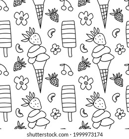 Seamless vector pattern with ice cream.Food print on black line white isolated hand drawn background.Designs for textiles,coloring books,packaging,wedding invitations,scrapbooking,wrapping paper.