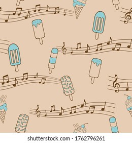 Seamless vector pattern with ice creams on pink background. Cute sweet food wallpaper design with music notes. Fun summer fashion textile.