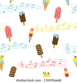 Seamless vector pattern with ice creams and music notes on white background. Fun tasty wallpaper design for children. Sweet food dessert fashion fabric.