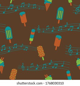 Seamless vector pattern with ice creams and music notes on brown background. Sweet food vintage wallpaper design. Retro fashion fabric style.