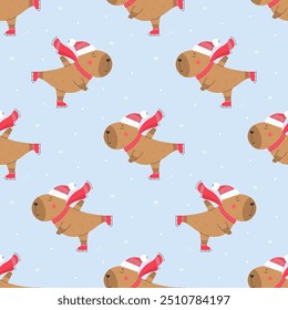 Seamless vector pattern with ice skating capybara