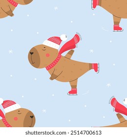 Padrão de vetor contínuo com capivara patinando no gelo