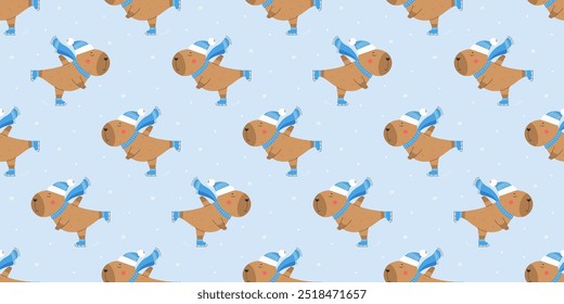 Seamless vector pattern with ice skating capybara