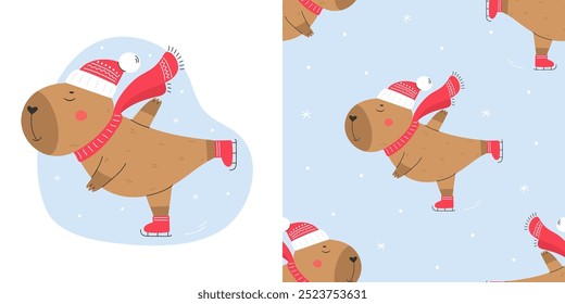 Seamless vector pattern with ice skating capybara