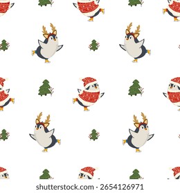 Padrão de vetor sem emenda com pinguins patinando no gelo. Personagens de Natal perfeito para ilustrações. Ideal para embrulho de presente, têxteis, embalagem, embrulho e web banners