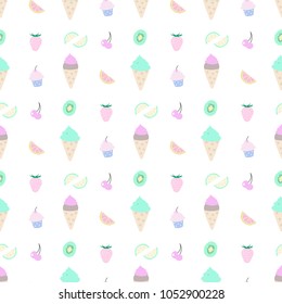 Seamless vector pattern with ice-cream, berries and fruits. Perfect for wrapping paper, banners, etc.