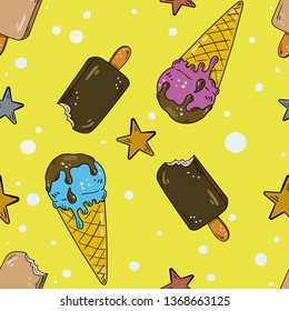 Seamless vector pattern with ice-cream on yellow background with circles and stars. Good for printing. Wallpaper and fabric design. Wrapping paper pattern.