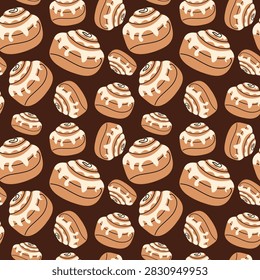 Seamless vector pattern of iced cinnamon rolls repeating on a dark brown background. Cozy warm pastry. Sweet hand drawn doodle style, ideal for autumn bakery packaging and surface design.