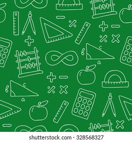 Seamless Vector Pattern Of Icon Math On A Green Background, Painted By Hand.