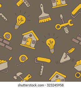 Seamless vector pattern of icon repair on a gray background, hand-drawn.