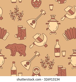 Seamless vector pattern of icon of Russian culture on a beige background, hand-drawn.