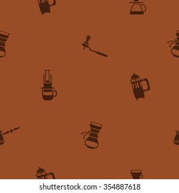 Seamless vector pattern of icon ways of making coffee on a brown background.