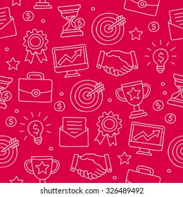 Seamless vector pattern of icon's career and success on a red background, hand-drawn. Career print. Business image. Award sign.