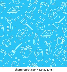 Seamless vector pattern of icons cleaning on a blue background, hand-drawn.
