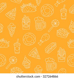Seamless vector pattern of the icons of fast food on a yellow background, hand-drawn.