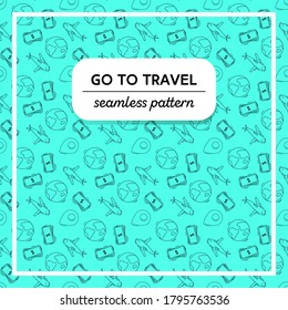 Seamless vector pattern. Icons on the theme of travel. On a colorful background elements plane, globe, geolocation icon, money.