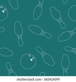 Seamless vector pattern of the icons on bowling on a blue-green background, painted by hand.