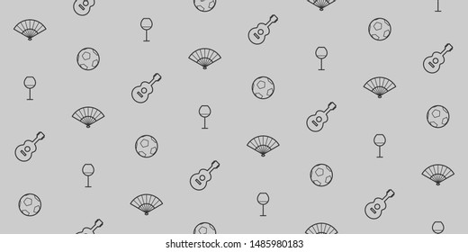seamless vector pattern with icons in outline art vector including glass of wine, hand fan, guitar, soccer ball, cactus, sombrero and maracas.