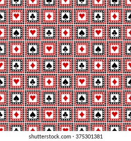 Seamless vector pattern with icons of playing cards. Bright red, black and white symmetrical geometric background. Decorative repeating ornament. Series of Geometric, Ornamental Seamless Pattern