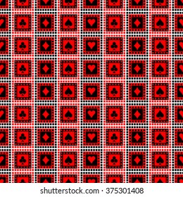 Seamless vector pattern with icons of playing cards. Bright red and black symmetrical geometric background. Decorative repeating ornament. Series of Geometric, Ornamental Seamless Pattern