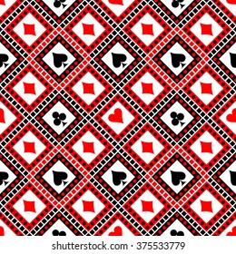 Seamless vector pattern with icons of playing cards. Bright red, black and white symmetrical geometric background. Decorative repeating ornament. Series of Geometric, Ornamental Seamless Pattern
