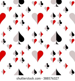 Seamless vector pattern with icons of playing cards. Black, red and white repeating background. Series of Gaming and Gambling Seamless Patterns.