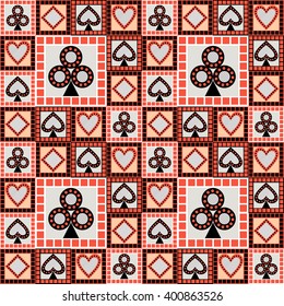 Seamless vector pattern with icons of playing cards. Bright red and black asymmetrical geometric background. Decorative repeating ornament. Series of Gaming and Gambling Seamless Pattern