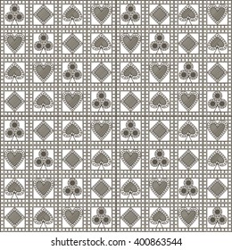Seamless vector pattern with icons of playing cards. Pastel gray symmetrical geometric background. Decorative repeating ornament. Series of Gaming and Gambling Seamless Pattern