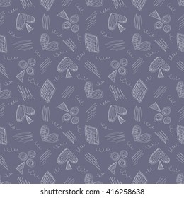 Seamless vector pattern with icons of playing cards and scribble on the blue background. Series of Gaming, Gambling and Cartoon, Doodle, Sketch Seamless Patterns.