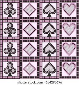 Seamless vector pattern with icons of playing cards. Decorative geometric background. Repeating ornament. Series of Gaming and Gambling Seamless Pattern