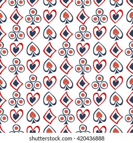 Seamless vector pattern with icons of playings cards. Background with black and red hand drawn symbols on the white. Decorative repeating ornament. Series of Gaming and Gambling Seamless Patterns. 