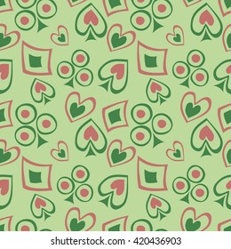 Seamless vector pattern with icons of playings cards. Background with hand drawn symbols and dots on green backdrop. Decorative repeating ornament. Series of Gaming and Gambling Seamless Patterns. 