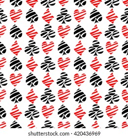Seamless vector pattern with icons of playings cards. Background with black and red hand drawn symbols on the white. Decorative repeating ornament. Series of Gaming and Gambling Seamless Patterns. 