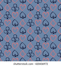 Seamless vector pattern with icons of playings cards. Symmetrical background with blue and red hand drawn symbols on the blue backdrop. Series of Gaming and Gambling Seamless Patterns. 